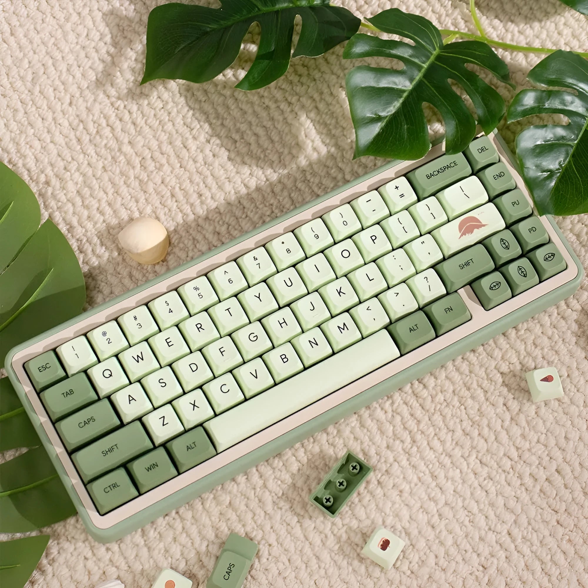124 Key Matcha green and beige PBT keycap set for mechanical keyboards, showing multiple language layout options.