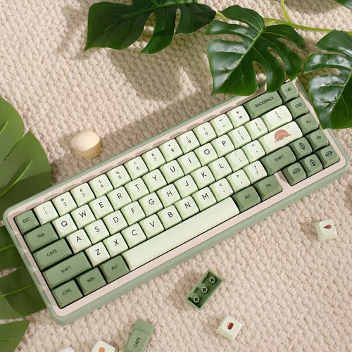 124 Key Matcha green and beige PBT keycap set for mechanical keyboards, showing multiple language layout options.