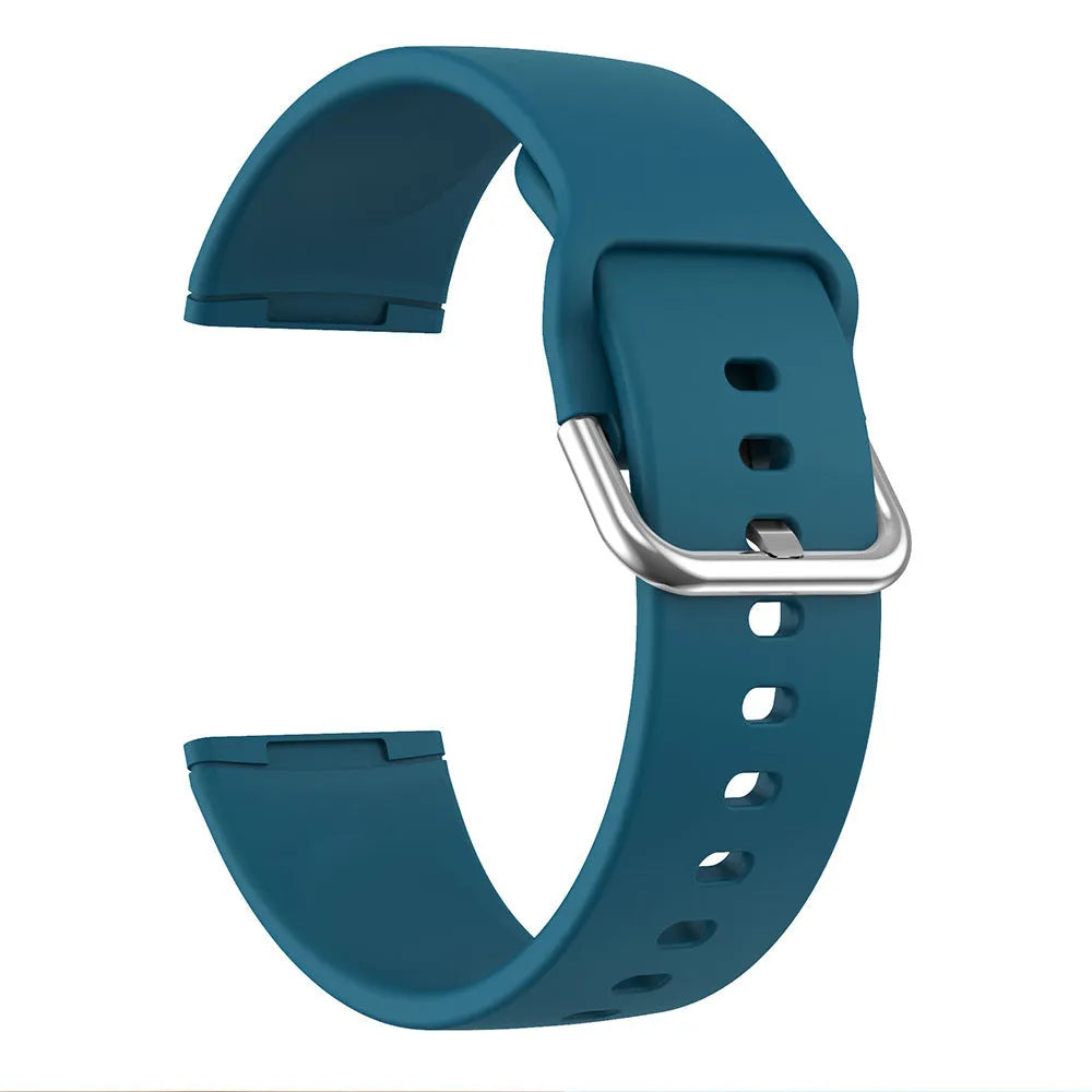 Silicone replacement strap with silver buckle for Fitbit Versa 3 and Sense 2 in multiple solid colour options.