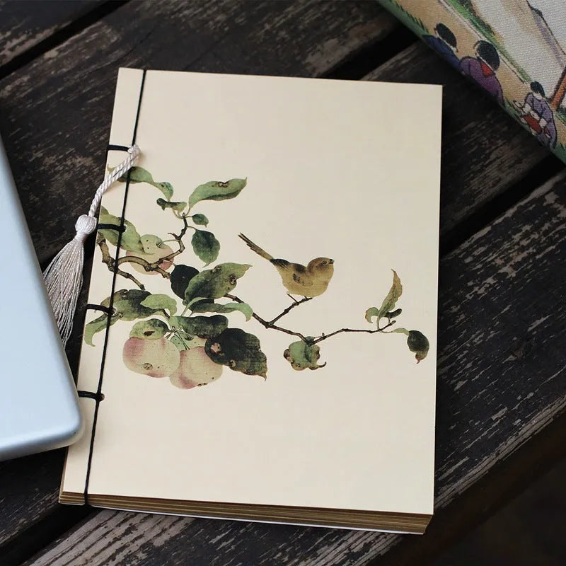 A5 antique wire-bound notebook with retro painting design on white cowhide cover