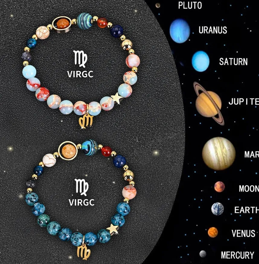 Set of twelve natural stone beaded bracelets laid out, each with a different design representing a zodiac sign.
