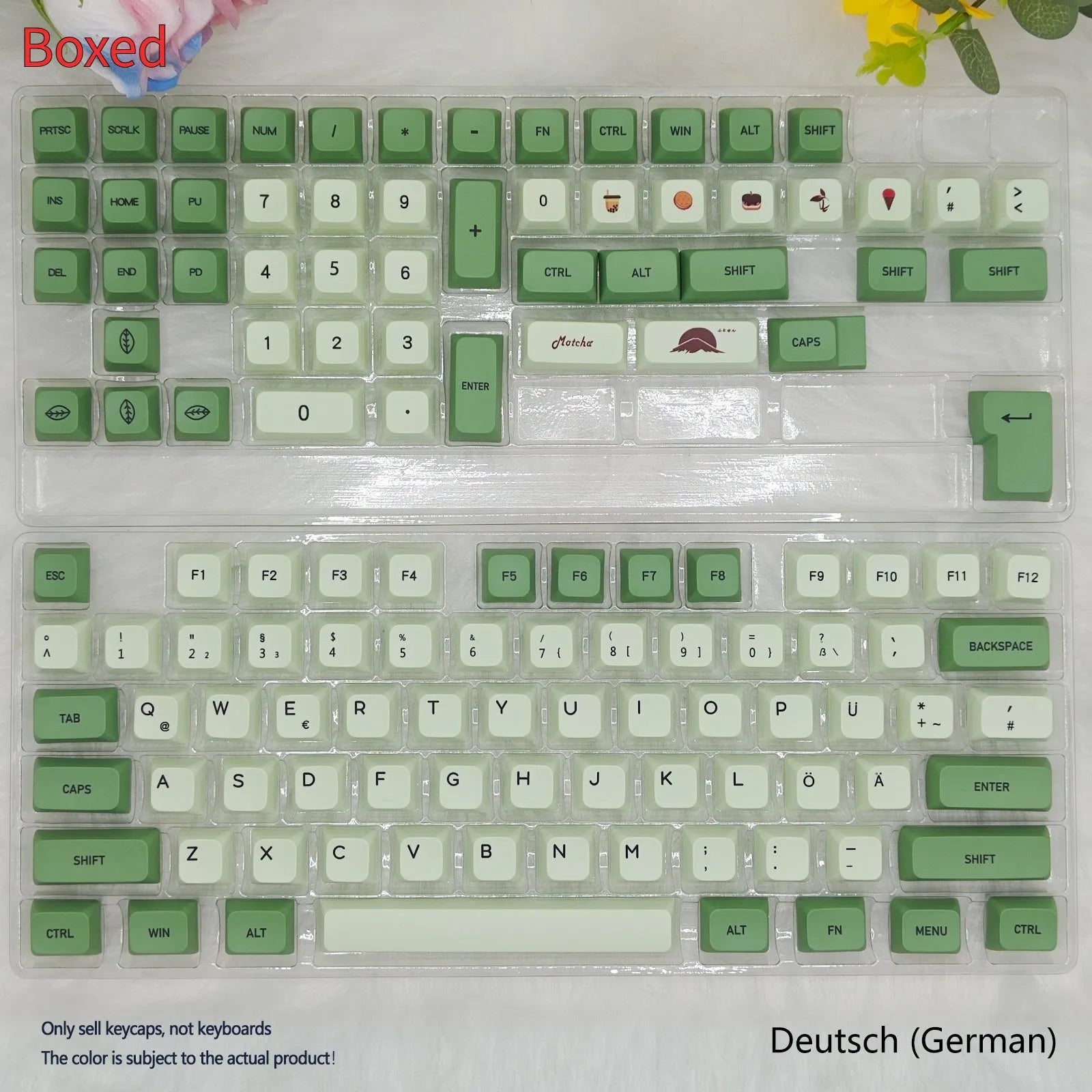 124 Key Matcha green and beige PBT keycap set for mechanical keyboards, showing multiple language layout options.