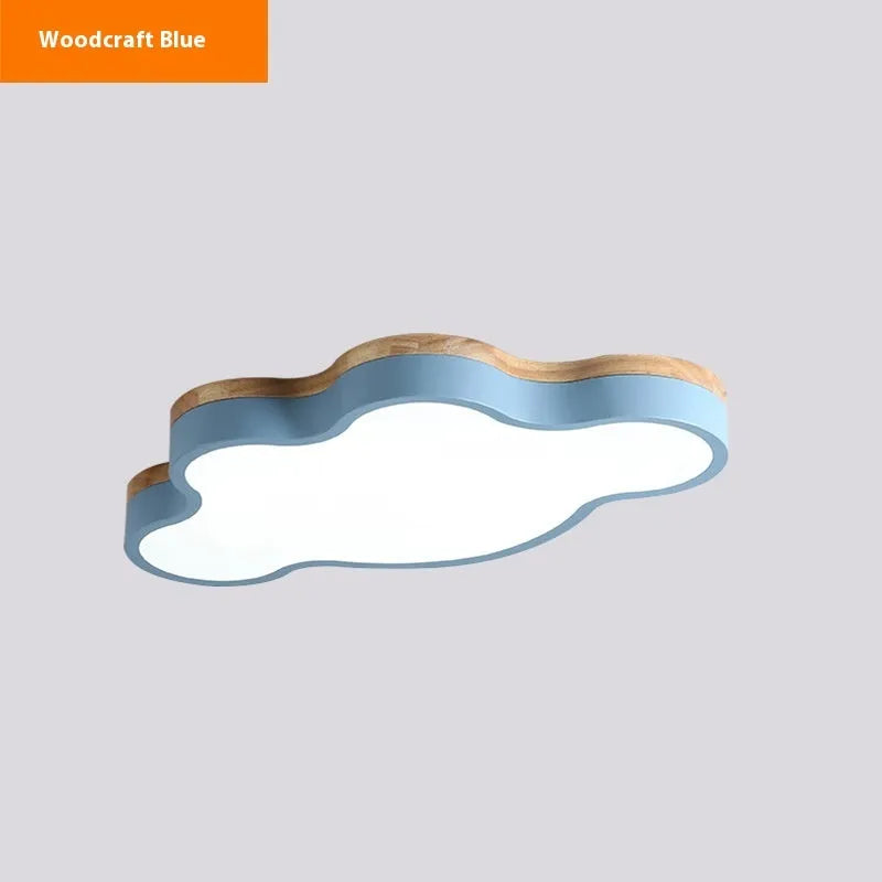 Modern cloud-shaped ceiling lamp with wood-effect finish in choice of colours, mounted on a white ceiling.