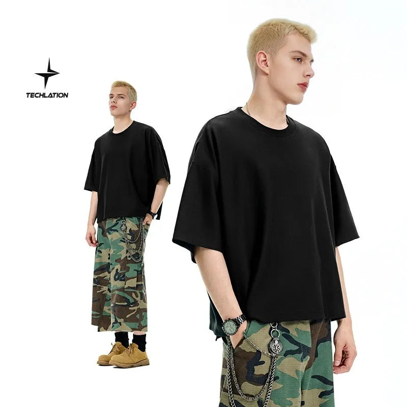 Men's sand grey loose fit short sleeve cotton polyester t-shirt on a hanger.