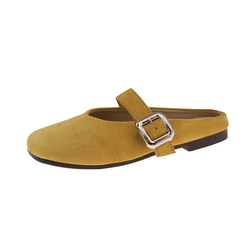 Women's flat closed toe half slippers with square toe in apricot, blue, red, and yellow colours.