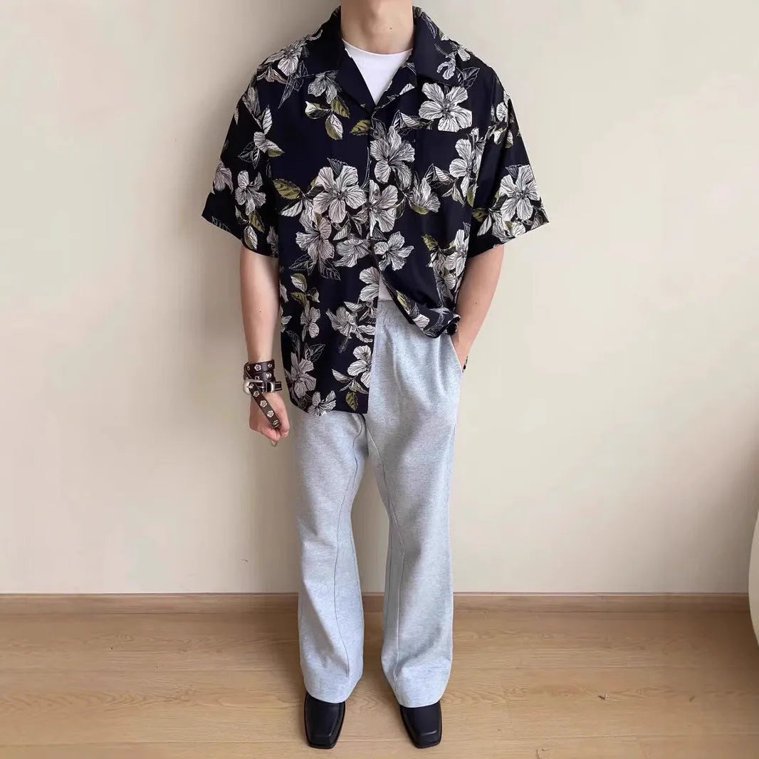 Black floral print men's shirt with a vintage Cuban collar and short sleeves, made from ice silk fabric.