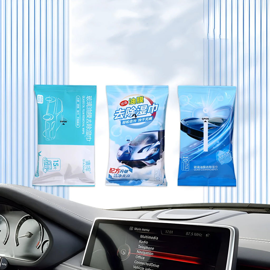 Bag of disposable car glass oil film cleaning wipes for windshield decontamination