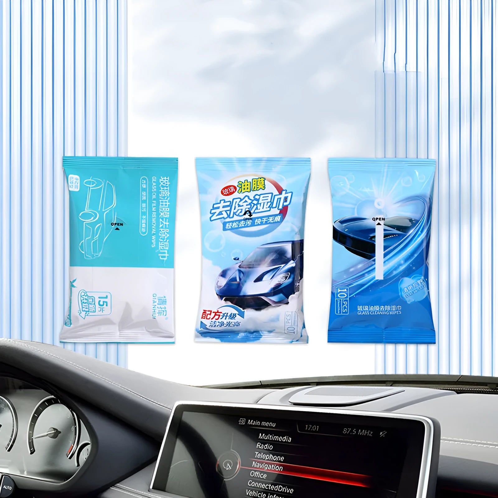 Bag of disposable car glass oil film cleaning wipes for windshield decontamination