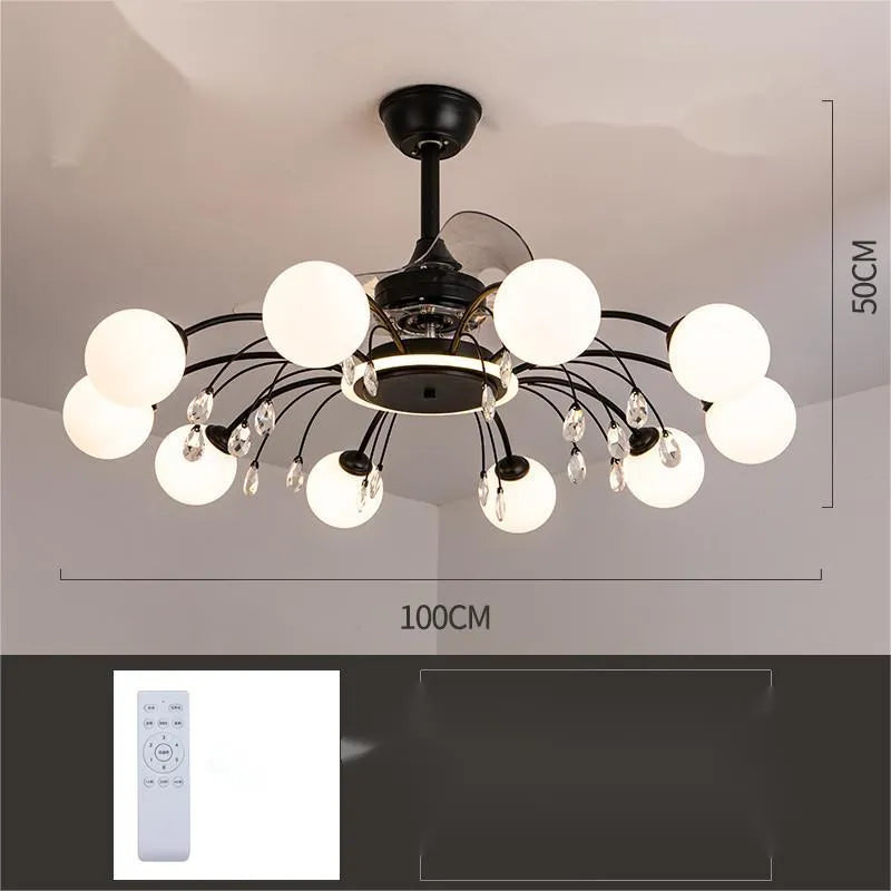 Modern black and gold ceiling fan chandelier with light bulbs and metal blades, remote control.