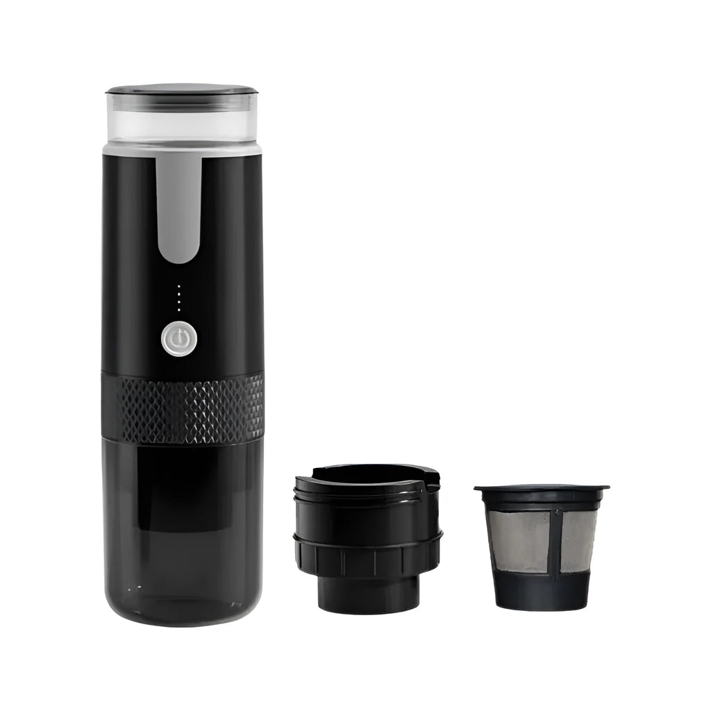 Black portable coffee machine with K-cup compatibility for vehicle and travel use