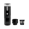 Black portable coffee machine with K-cup compatibility for vehicle and travel use