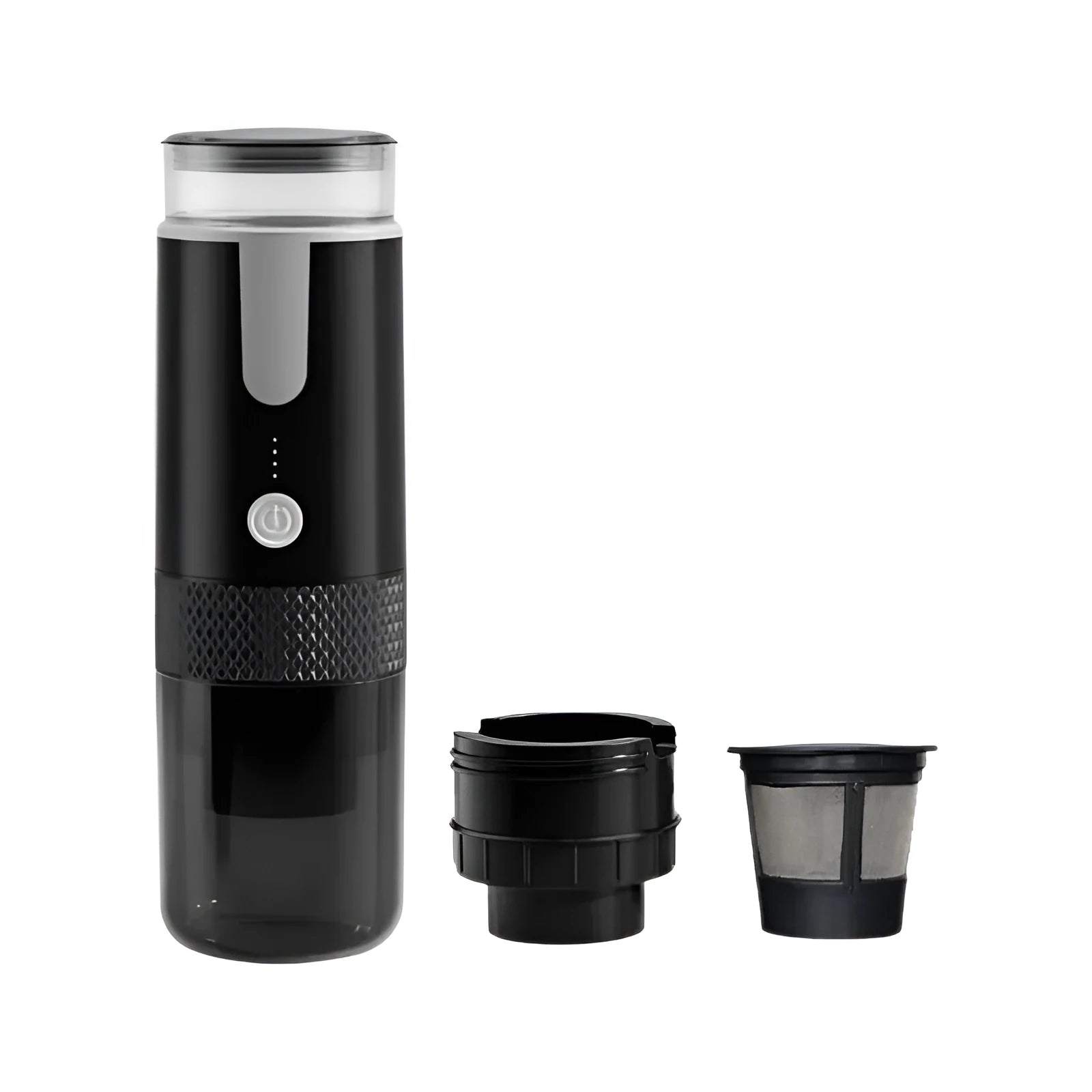 Black portable coffee machine with K-cup compatibility for vehicle and travel use