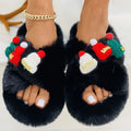 Women's Christmas slippers with hat decoration on super hairy plush upper, shown in black, khaki, and white colours.