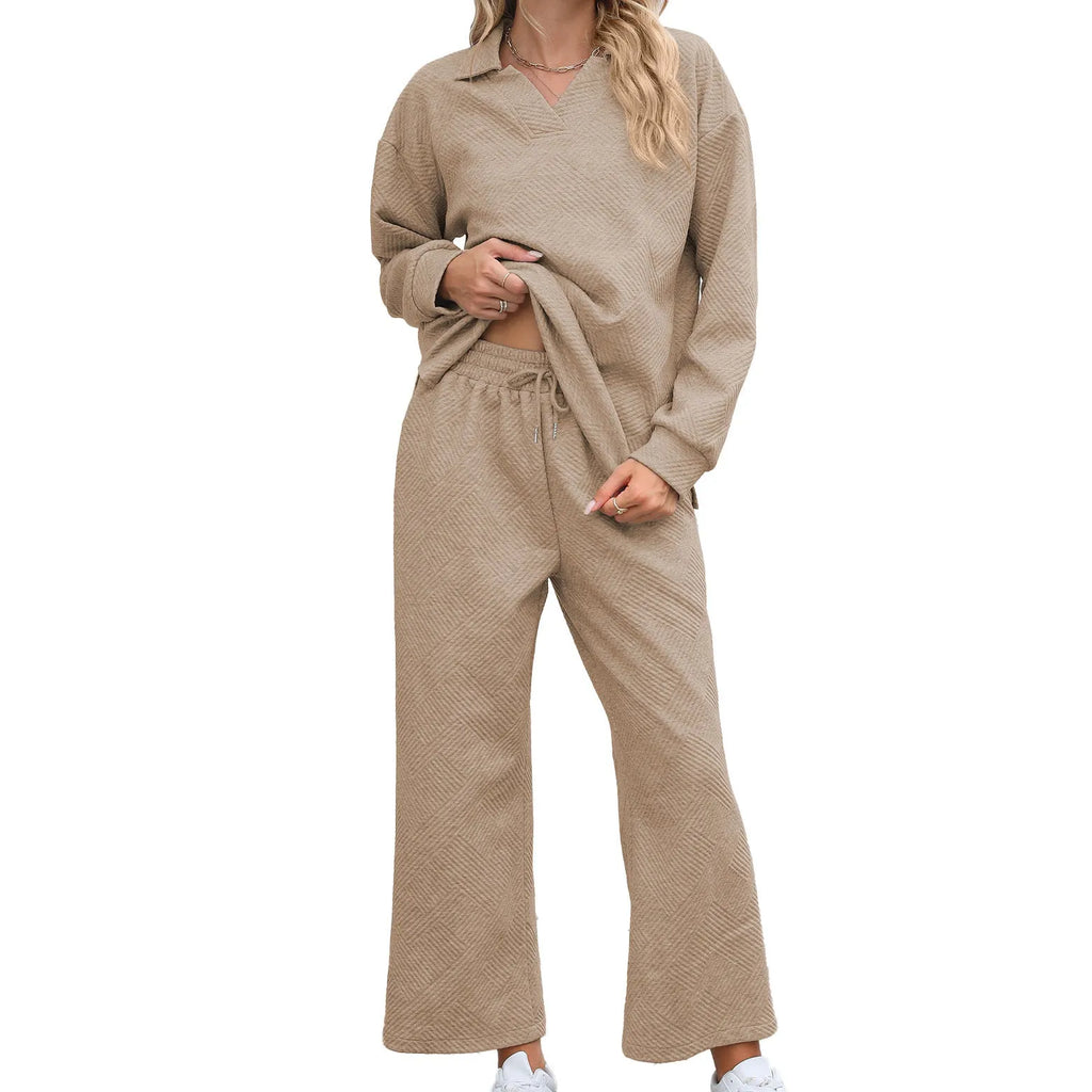Women's solid colour knitted jacquard sweater and elastic waist pants suit in urban style
