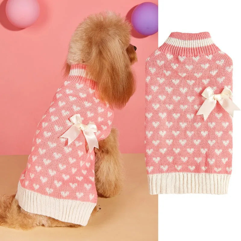 Acrylic knit dog sweater with bow and heart design in various colour patterns