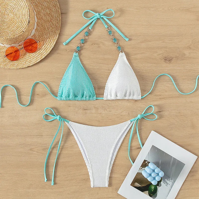 Women's colour-matching swimsuit with lace-up front and pearl chain decoration, two-piece sleeveless set