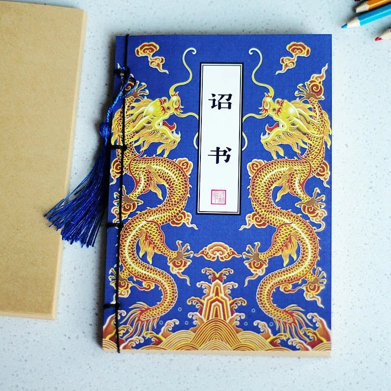 A5 antique wire-bound notebook with retro painting design on white cowhide cover