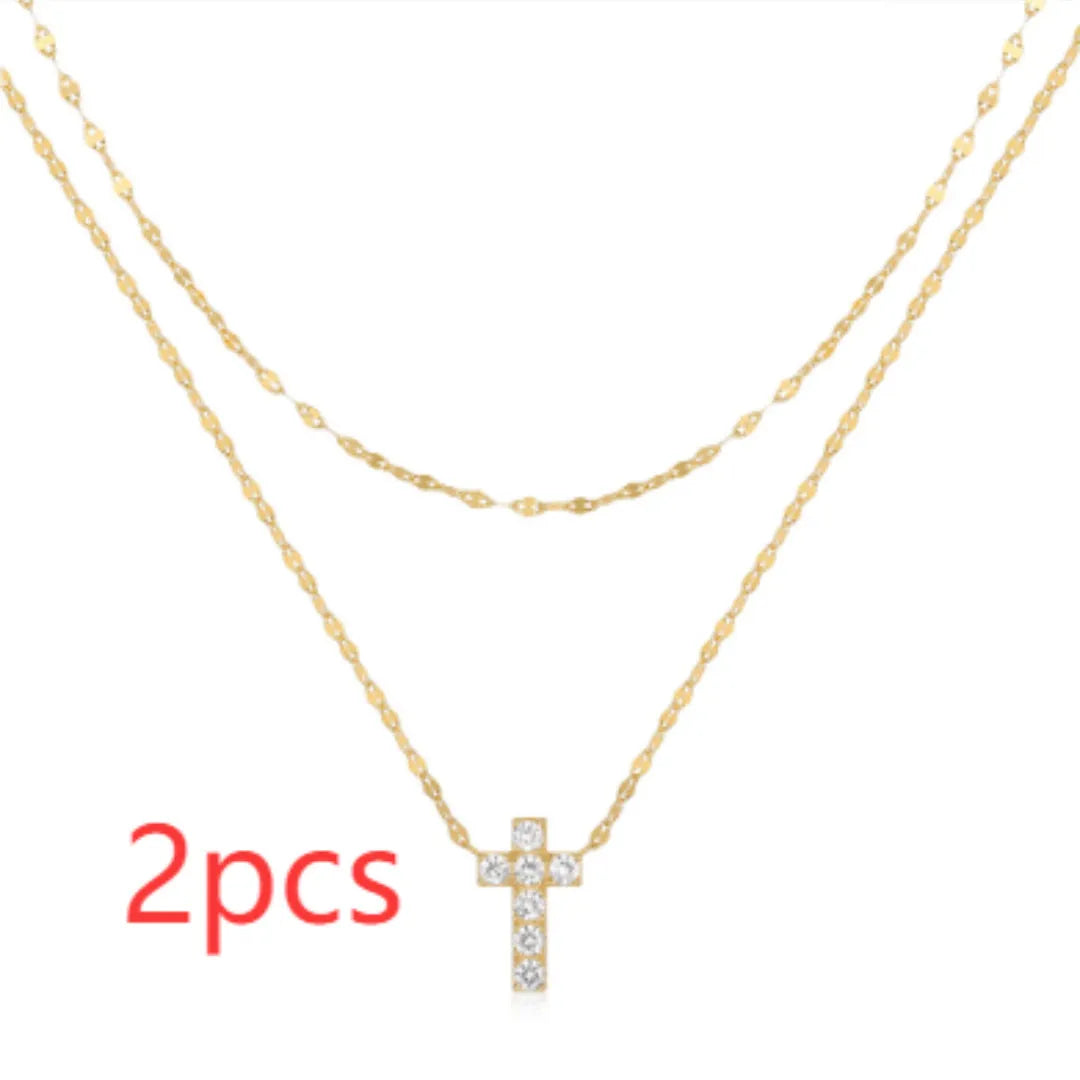 S925 sterling silver double layer cross pendant necklace with diamond treatment in gold colour