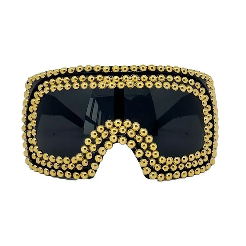 Men's punk sunglasses with large square rim and rivet detailing in silver colour