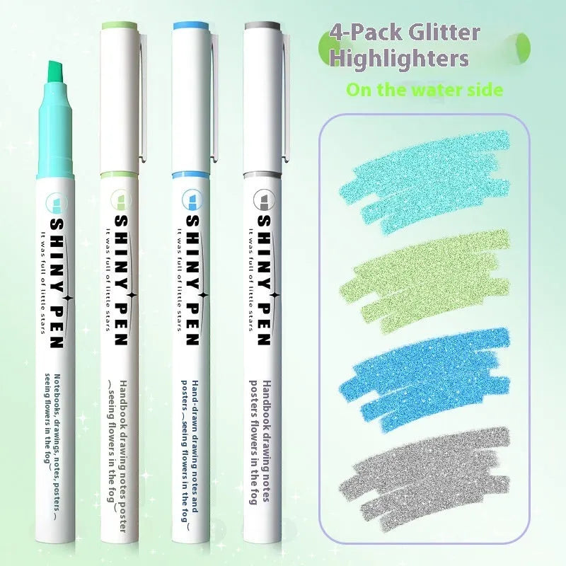 Sparkling Star River set of four glitter highlighter pens in assorted pastel colours with slanted tips.