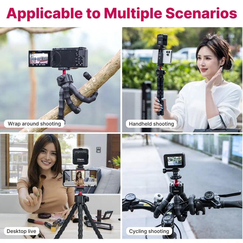 Vlog tripod kit with extended legs and a detachable Bluetooth remote shutter for mobile phone filming.
