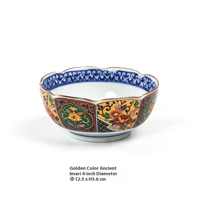 Retro Japanese style porcelain bowls with peony patterns in gold and yellow colours