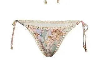 Women's floral print bikini set with skirt in creamy white beige colour
