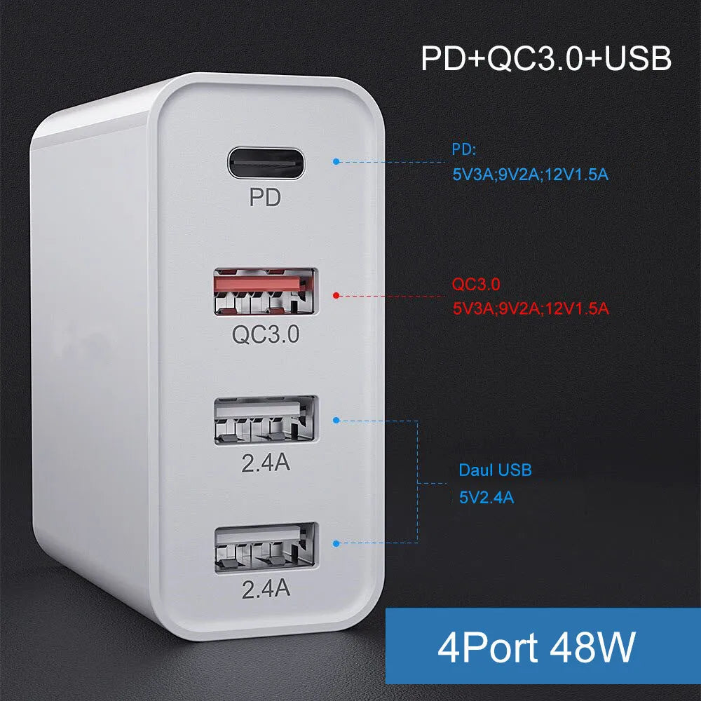 White fast charge mobile phone charger with multiple USB ports showing UK plug