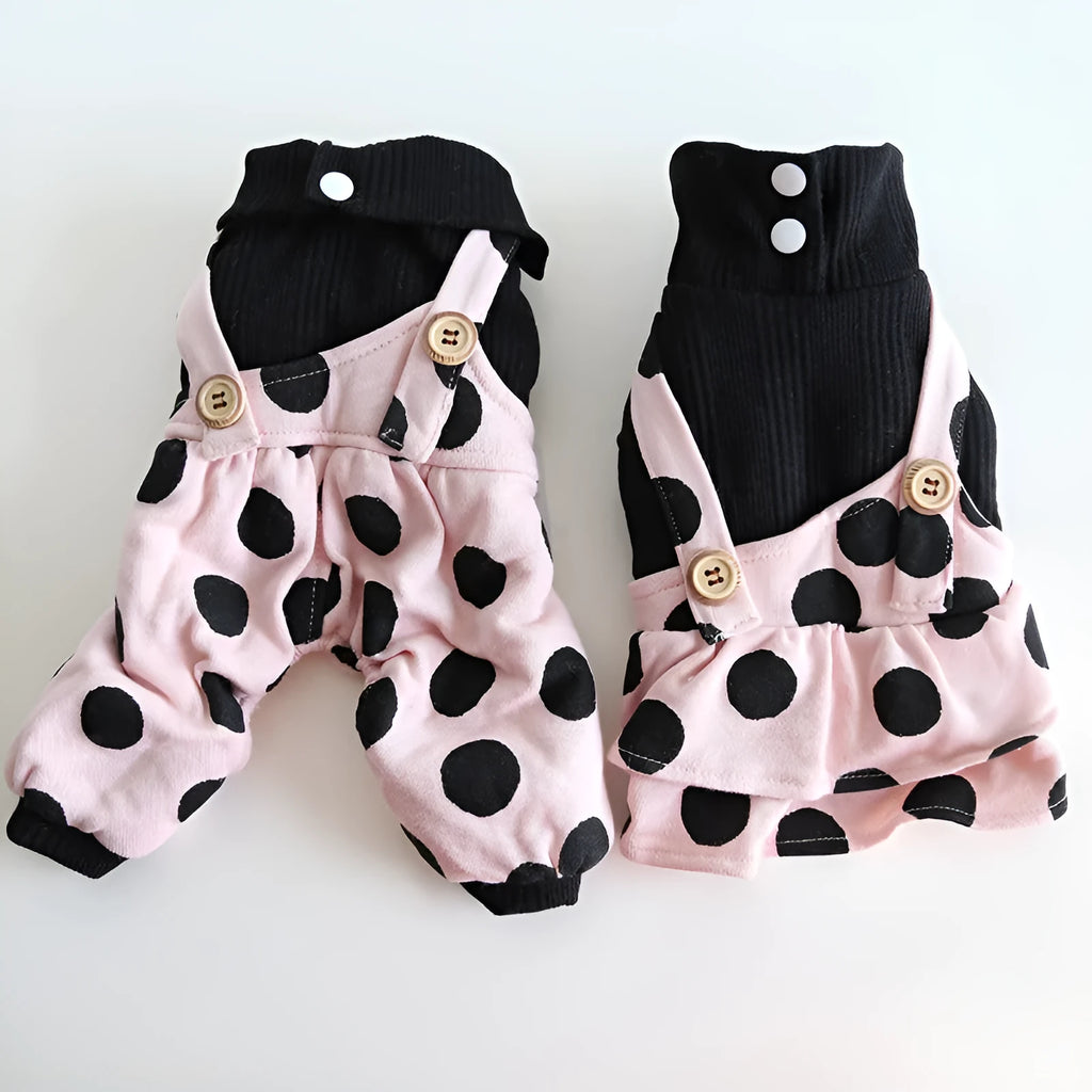 Petstyle couple-themed dog clothes with lapel and shoulder strap design in cloth fabric.