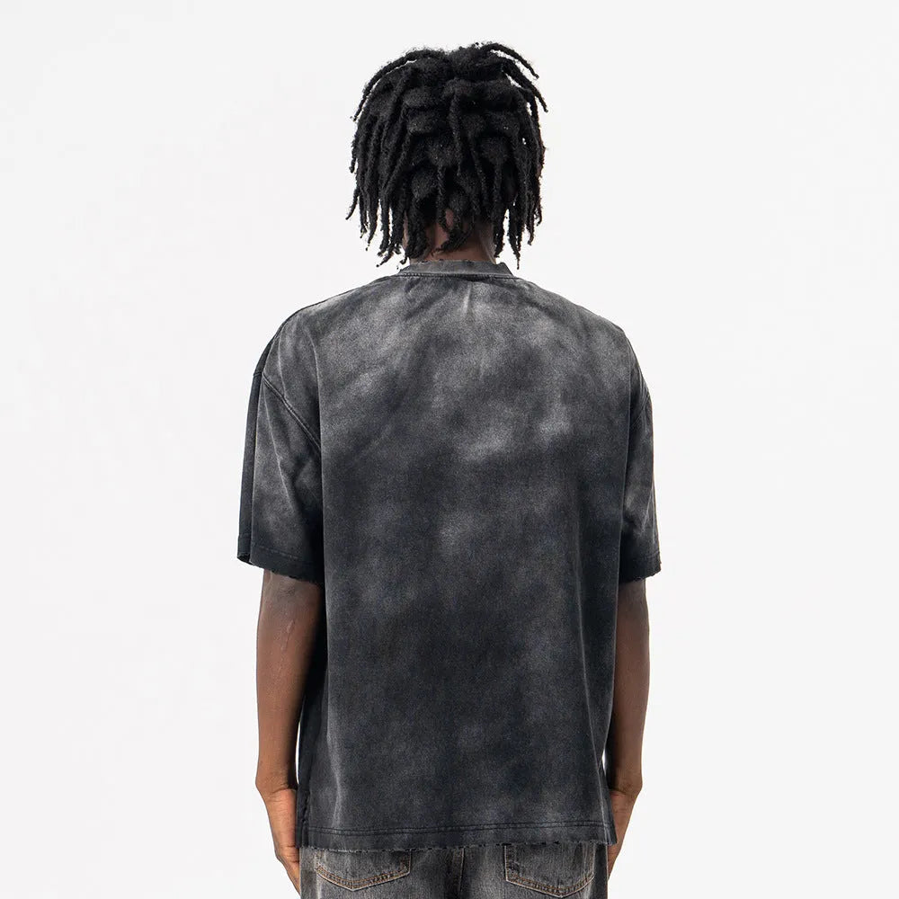 Black men's cotton t-shirt with printed letter design and drop-shoulder sleeves in loose street fashion style
