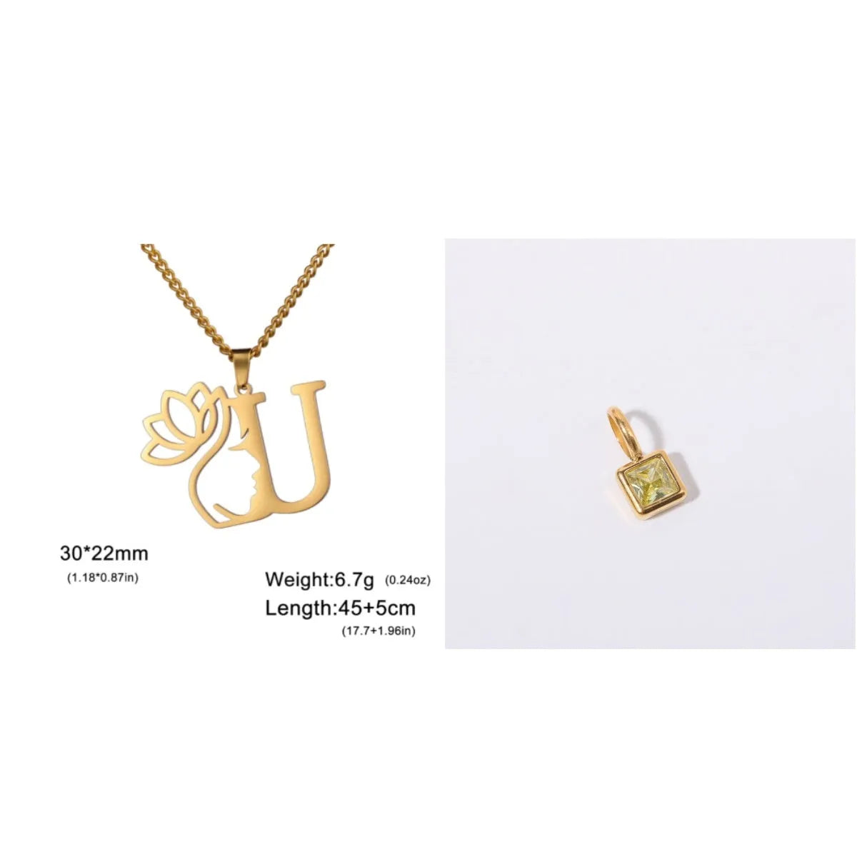 Stainless steel necklace with cross chain design and initial pendant in gold or silver finish