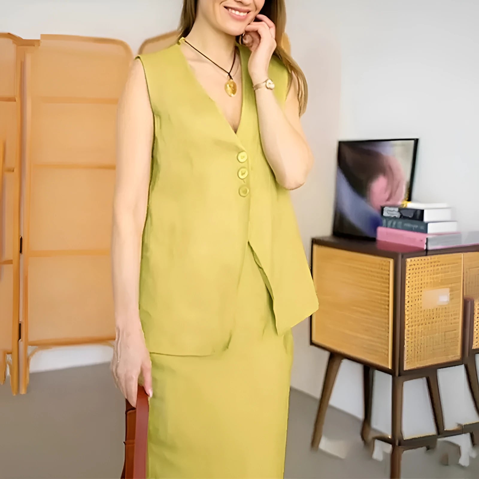 Women's sleeveless two-piece suit with vest and long skirt in polyester fabric