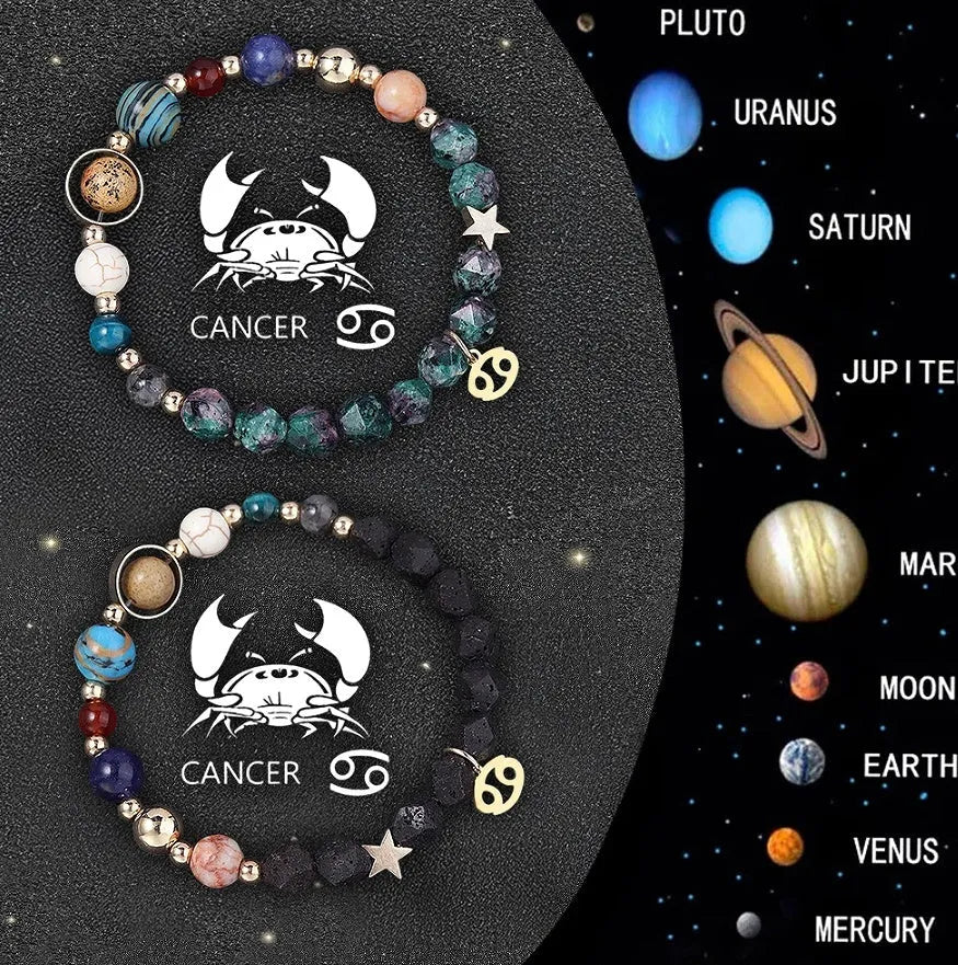 Set of two natural stone beaded bracelets showing zodiac sign designs on a cord.