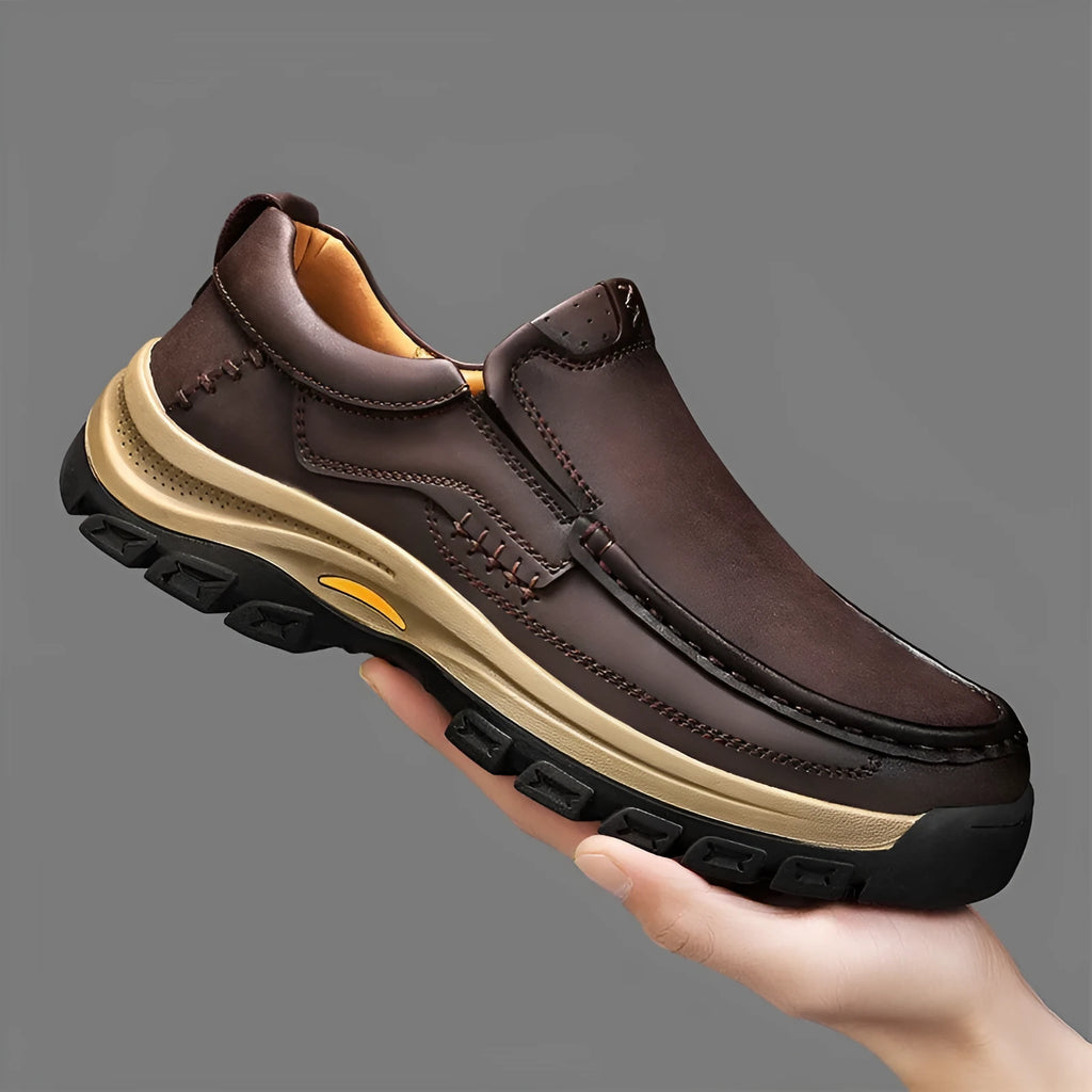 Men's black leather outdoor shoes with thick rubber soles and round toe