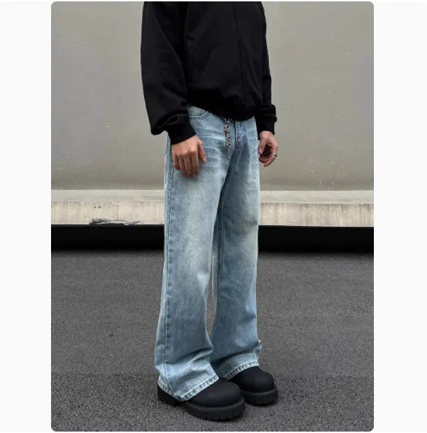 Men's blue retro whisker washed straight jeans with medium-high waist and visible stitching
