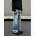 Men's blue retro whisker washed straight jeans with medium-high waist and visible stitching
