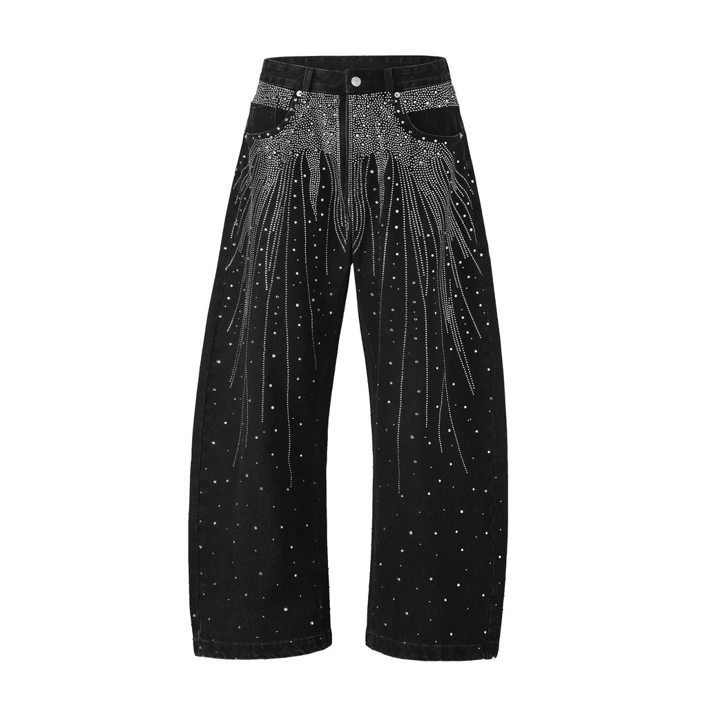 Blue and black loose-fitting cotton wide-leg trousers on hanger showing waist sizes 30-36