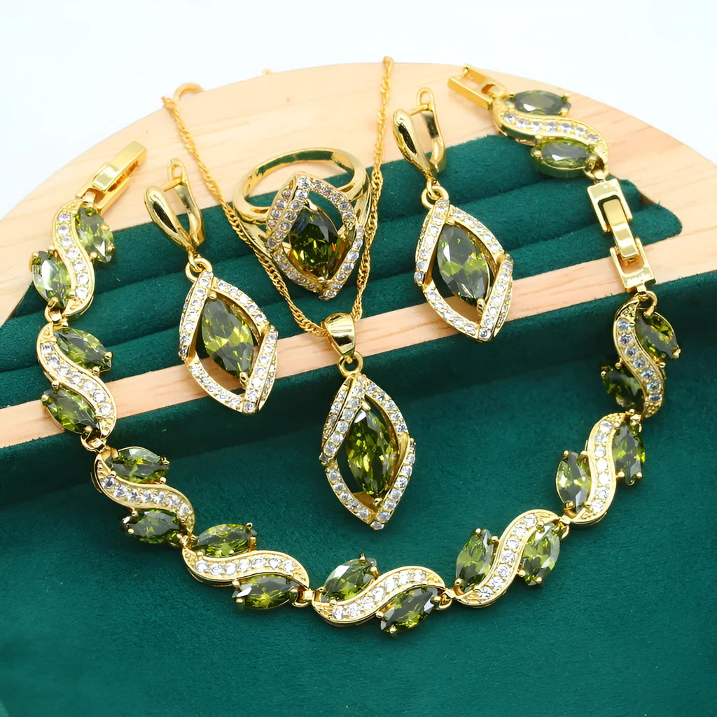 Olive green anti-allergy AAA zircon jewellery set with necklace, ring, bracelet, and earrings on display