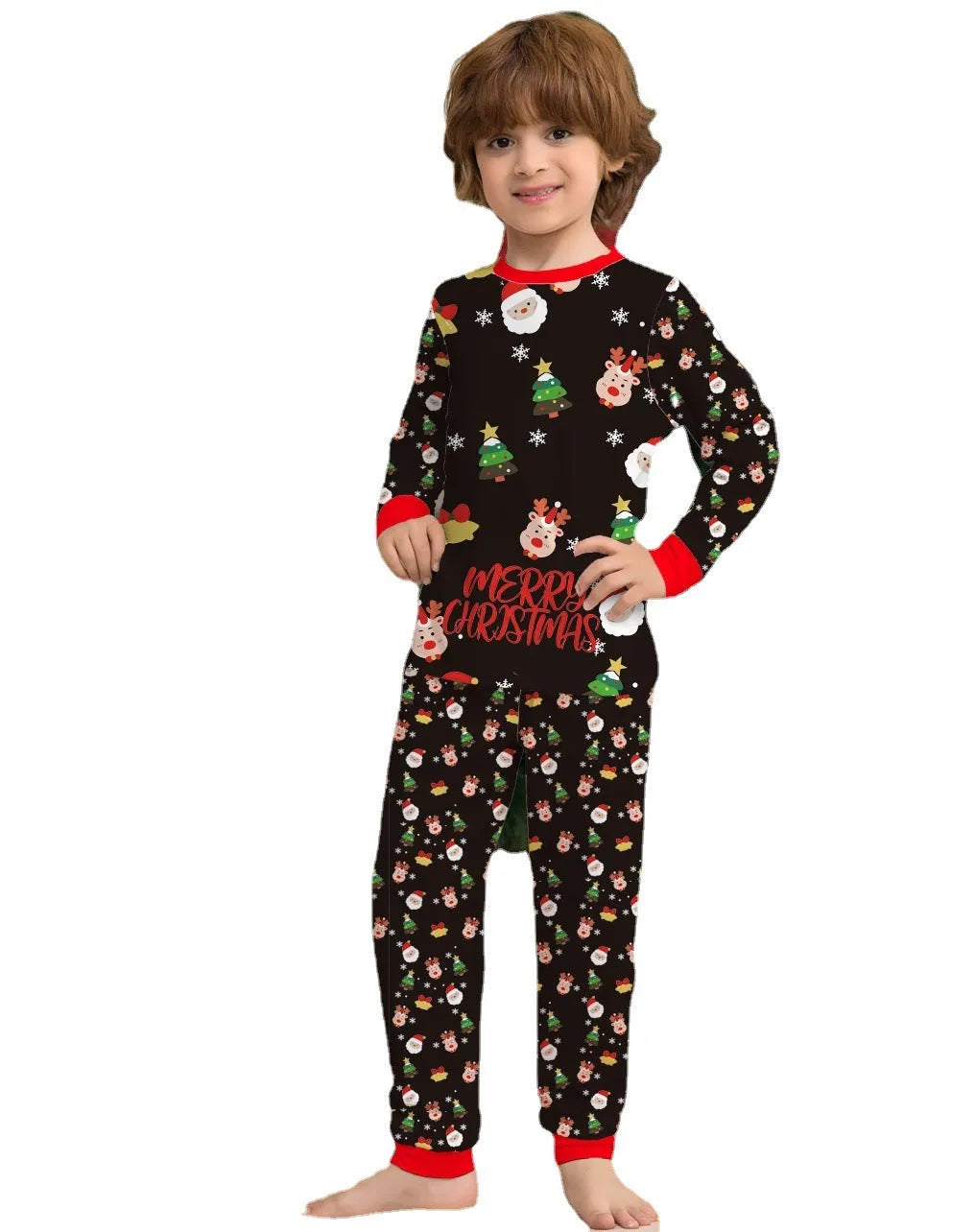 Family wearing matching red plaid Christmas pajamas with dog in matching pet pajamas