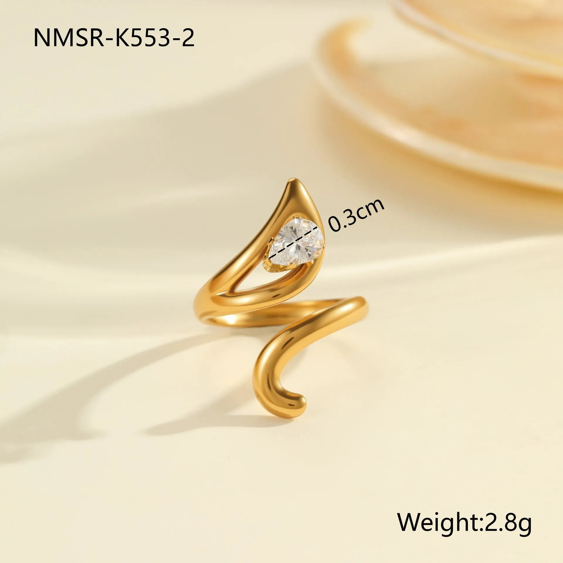 Geometric stainless steel women's ring with adjustable open mouth design and zircon details
