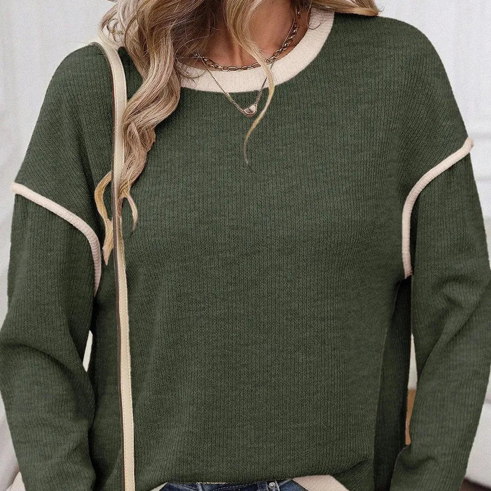 Loose-fitting drop shoulder knit top with Four Leaf Clover pattern contrast trim in beige colour