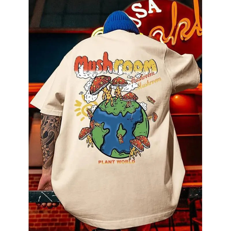 Men's short-sleeved printed sports t-shirt in a casual streetwear style, showing digital print detail.