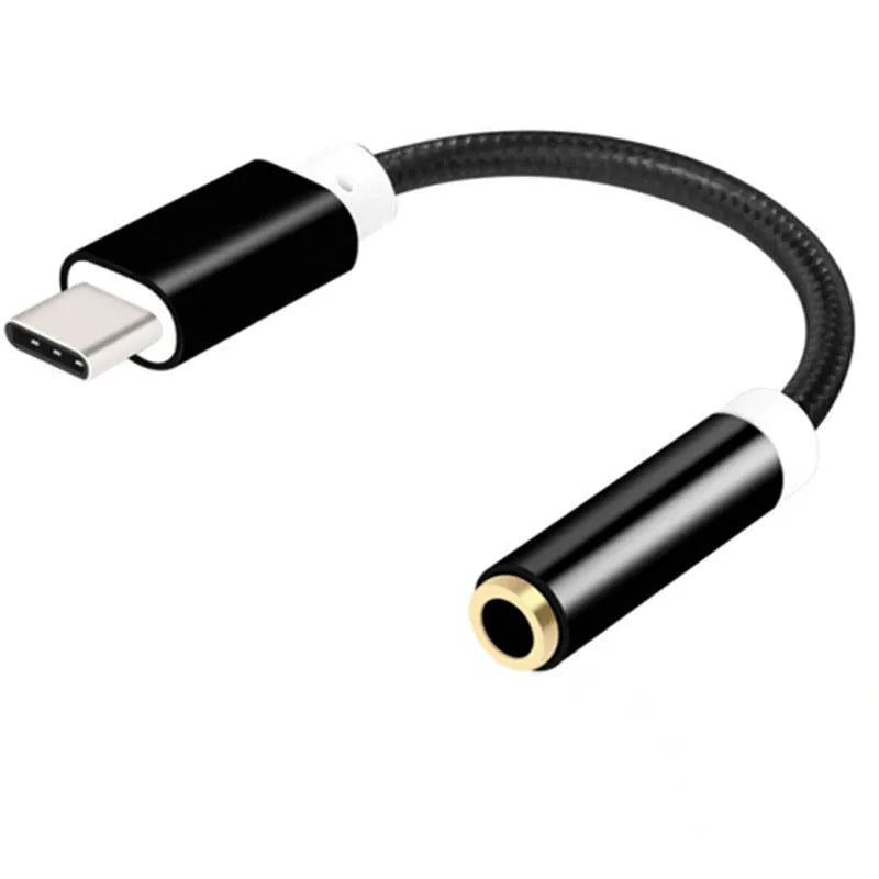 Short black nylon TYPE-C to 3.5mm female headphone adapter cable for mobile phones.