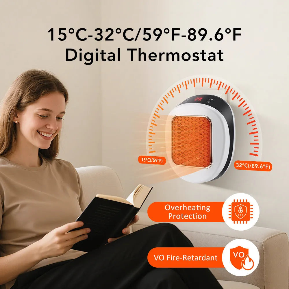 White ceramic heating electric hot air blower heater with remote control on a table.