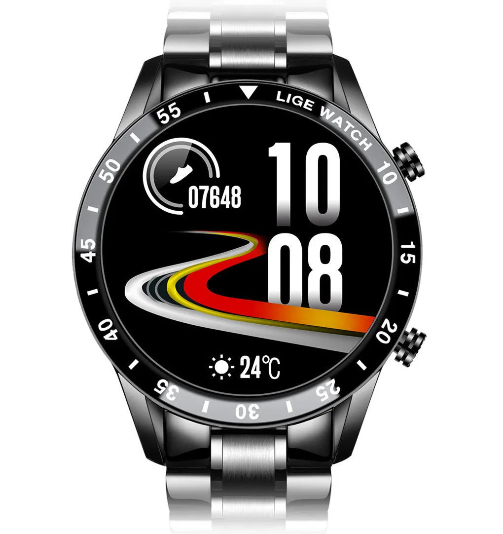 Stainless steel smart watch with black wristband and 1.3-inch touch screen display showing step count