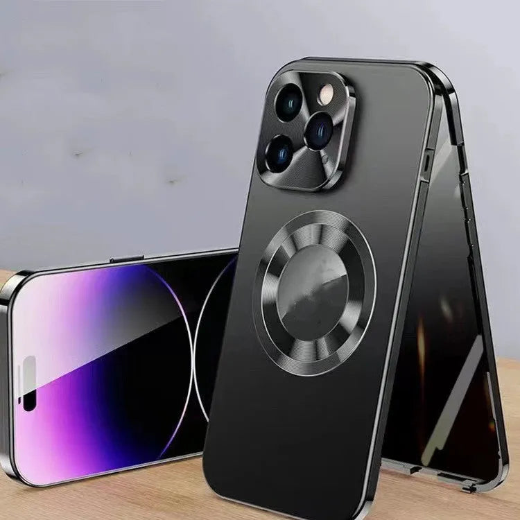 Magnetic phone case with anti-peep clip for iPhone 12 to 15, shown in multiple colour options.