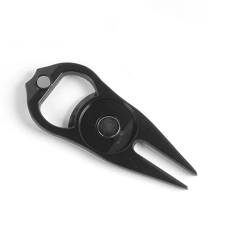 Zinc alloy golf ball yoke bottle opener tool showing black, green and silver colour options with coin