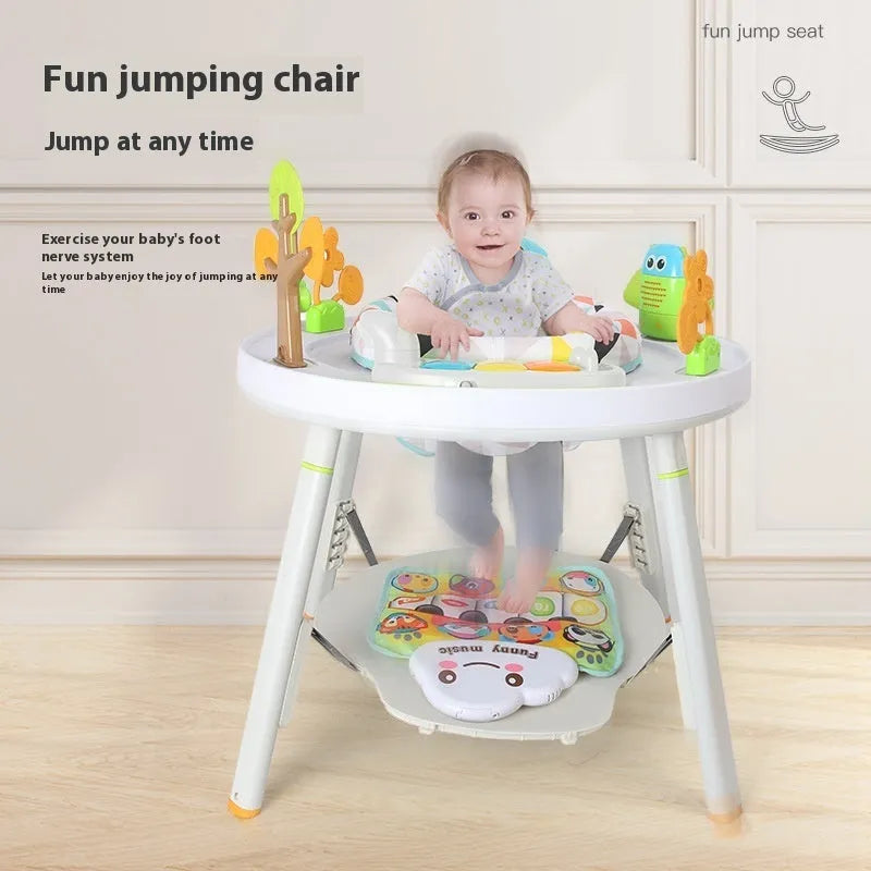 Baby bouncing in three-in-one jumping chair with gymnastic rack and interactive toys