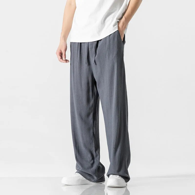 Men's beige bamboo fibre straight leg trousers with cropped length and drawstring waistband