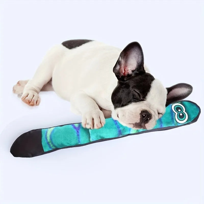 Snake-shaped plush dog squeaky toy with multicolor stripe print design